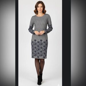 Svelto Stella Grey Knit Sheath Dress with Navy Floral
Lace & Button Detail
